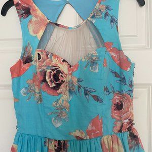 once worn dress, floral, light blue and oranage flowers